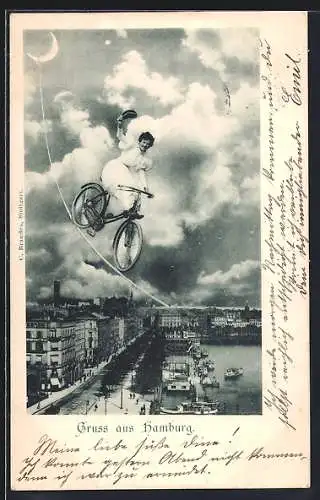AK Hamburg, Frau fährt Fahrrad auf Drahtseil, Hafenpartie