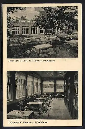 AK Schöningen / a. Elm, Restaurant Waldfrieden v. Eduard Fischer, Garten und Veranda