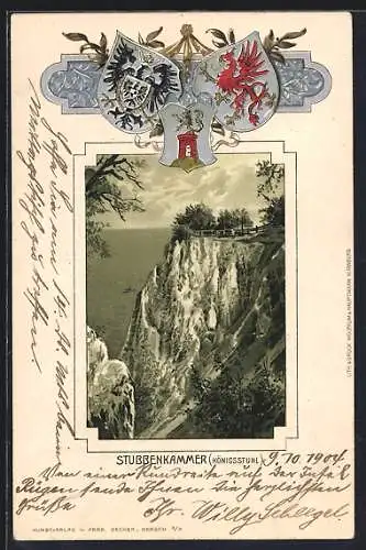 Passepartout-Lithographie Sassnitz, Stubbenkammer und Königsstuhl, Rahmen mit Wappen