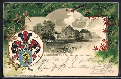 Passepartout-Lithographie Ludwigsburg / Württ., Königliches Schloss / Corps de Logis, Wappen mit Eichenlaub