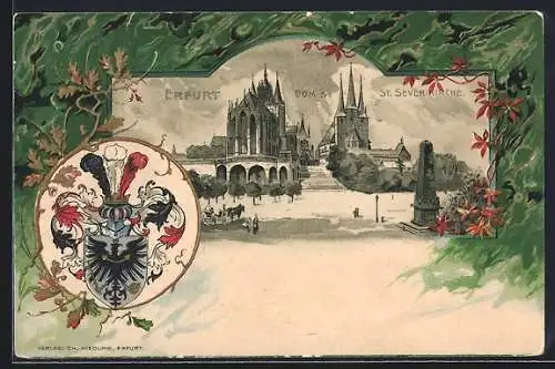 Passepartout-Lithographie Erfurt, Blick auf den Dom und die St.Severikirche, Wappen