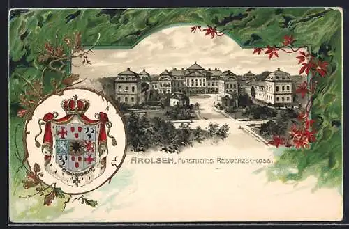 Passepartout-Lithographie Arolsen, Fürstliches Residenzschloss mit Wappen