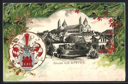 Lithographie Speyer, Teilansicht mit Kirche, Wappen