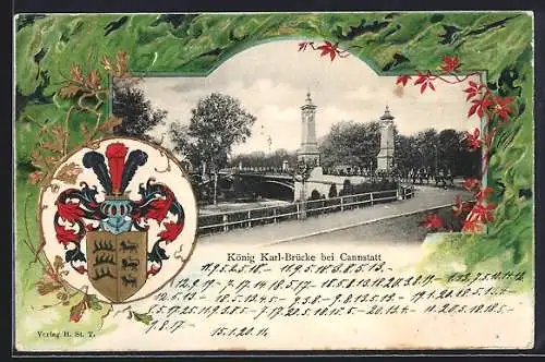 Passepartout-Lithographie Cannstatt, König Karl-Brücke, Wappen