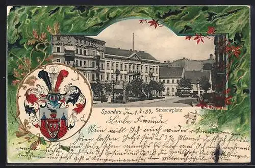 Passepartout-Lithographie Spandau, Hotel Friedrichshof am Stresowplatz, Wappen