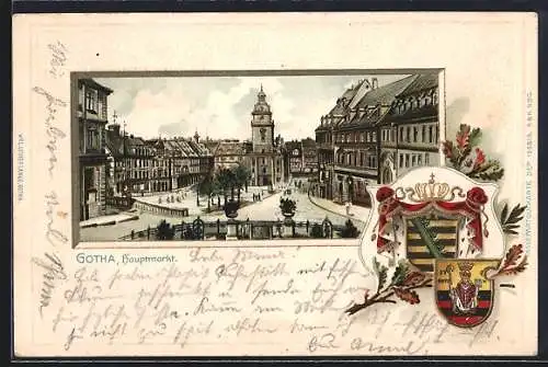 Passepartout-Lithographie Gotha, Blick auf den Hauptmarkt, Wappen