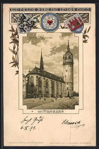 Passepartout-Lithographie Wittenberg / Elbe, Strassenpartie an der Schlosskirche, Wappen