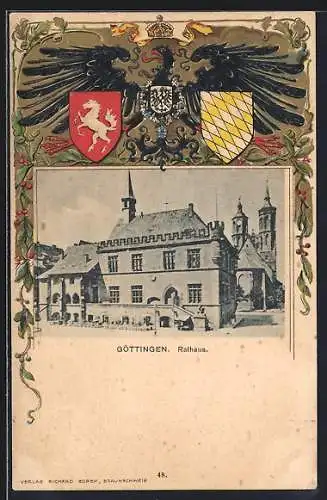 Passepartout-Lithographie Göttingen, Ansicht vom Rathaus, Wappen