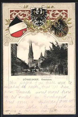 Passepartout-Lithographie Düsseldorf, Oststrasse mit Blick zur Kirche