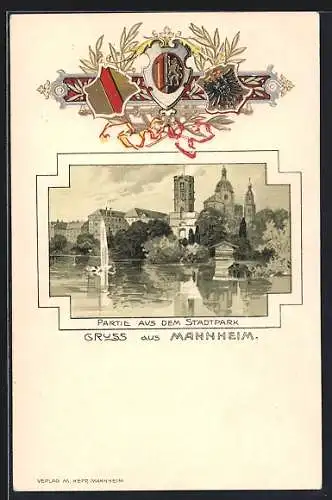 Passepartout-Lithographie Mannheim, Partie aus dem Stadtpark, Wasserfontäne, Wappen