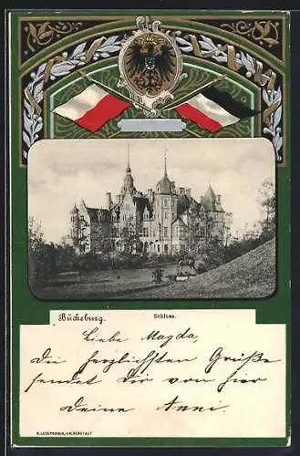 Passepartout-Lithographie Bückeburg, Blick zum Schloss, Wappen, Reichsfahne