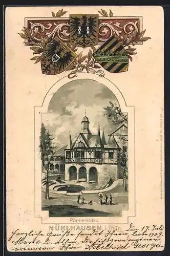 Passepartout-Lithographie Mühlhausen i. Thür, Das Brunnenhaus Popperode, Wappen