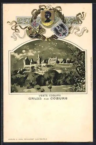 Passepartout-Lithographie Coburg, Veste Coburg bei Vollmond, Wappen