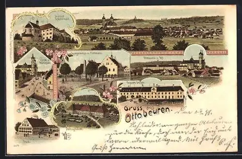 Lithographie Ottobeuren, Totalansicht, Brauerei Geiger, Kriegerdenkmal, Institut Klosterwald, Amtsgebäude