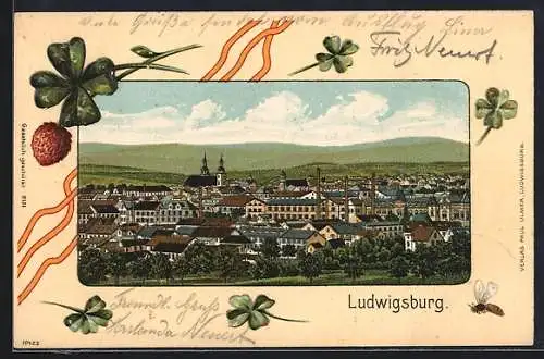 Lithographie Ludwigsburg / Württemberg, Ortsansicht, Glücksklee und Biene