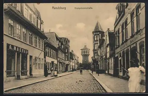AK Rendsburg, Kronprinzenstrasse m. Blick auf den Wasserturm
