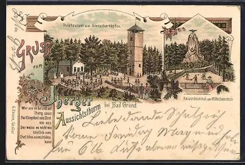 Lithographie Bad Grund, Iberger Aussichtsthurm, Restaurant zu den Gletschertöpfen, Kaiserdenkmal am Hünichenstein