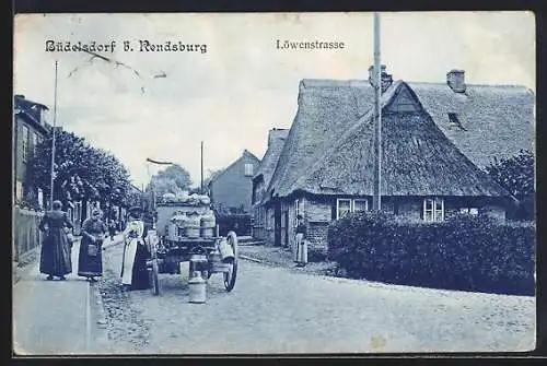 AK Milchverkäuferin beim Verkauf auf ihrem Pferdegespann