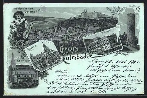 Mondschein-Lithographie Culmbach, Realschule, Rehturm und Katholische Kirche