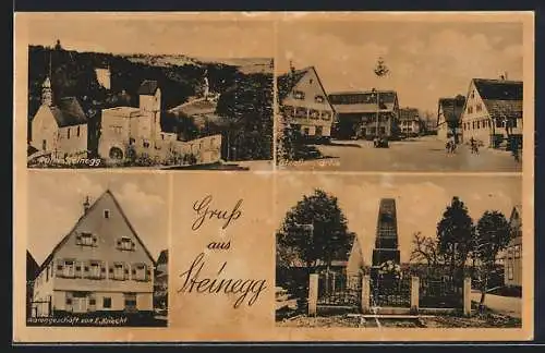 AK Steinegg, Ruine, Geschäft v. E. Knecht und Kriegerdenkmal