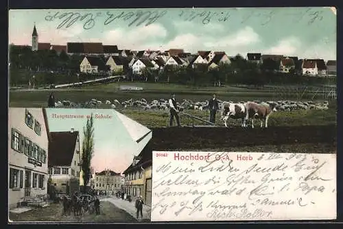 AK Hochdorf / Horb, Hauptstrasse mit Schule, Teilansicht