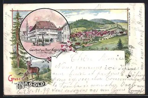 Lithographie Nagold, Gasthof zur Post, Ortsansicht