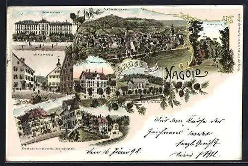 Lithographie Nagold, Marktstrasse, Lehrerseminar und Präparandenanstalt