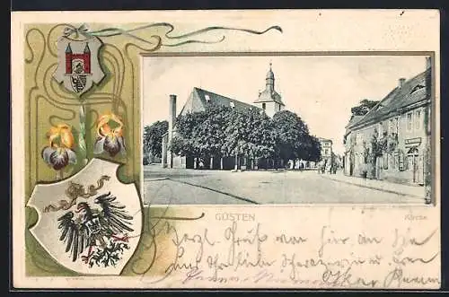 Passepartout-Lithographie Güsten / Anhalt, Partie an der Kirche und Rahmen mit Reichsadler und Iris