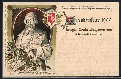 AK Mainz, Gutenbergfeier 1900, Portrait v. Johann Gensfleisch zum Gutenberg mit Bibel