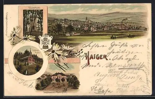 Lithographie Haiger, Schützenhalle, Stadthaus mit Marktplatz