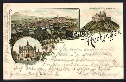 Lithographie Hechingen, Rathaus, Südseite von Burg Hohenzellern