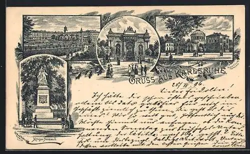 Lithographie Karlsruhe, Walsch-Brunnen, Kriegerdenkmal und Friedrichsplatz