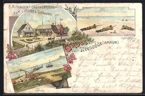 Lithographie Steenodde /Amrum, S. M. Hansens Gasthaus zum Lustigen Seehund, Seehundjagd