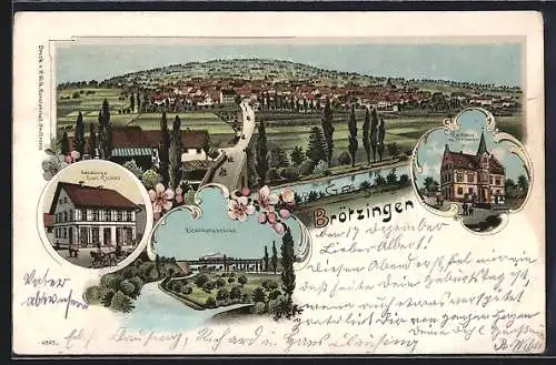 Lithographie Brötzingen, Handlung v. Carl Richter, Rathaus m. Brunnen, Eisenbahnbrücke