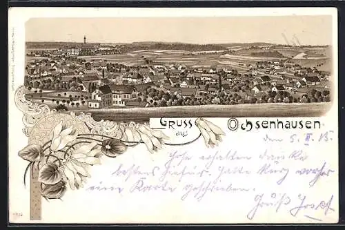 Lithographie Ochsenhausen, Totalansicht vom Berg aus