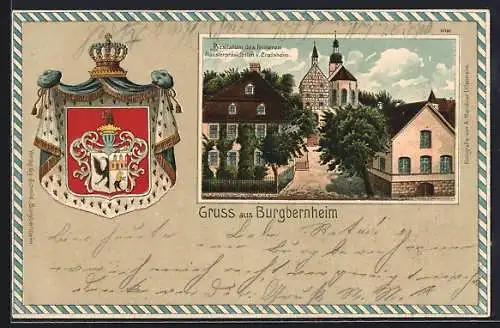 Passepartout-Lithographie Burgbernheim, Ortspartie mit Blick auf die Kirche, Wappen