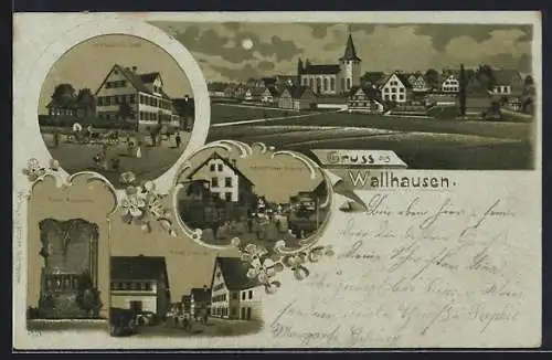 Mondschein-Lithographie Wallhausen / Württ., Gasthaus zum Lamm, Ruine Anhausen, Hauptstrasse, Hengstfelder Strasse