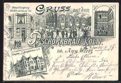 Lithographie Köln, Pschorrbräu-Gasthaus, Eingang Burghöfchen, Kneiphof