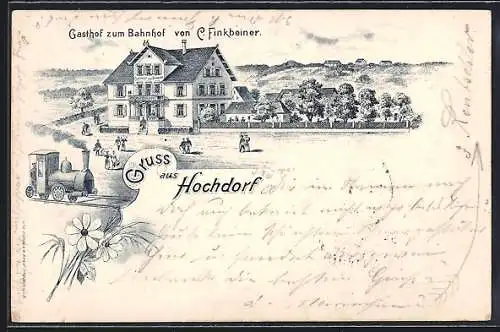 Lithographie Hochdorf / Horb, Gasthof zum Bahnhof v. C. Finkbeiner