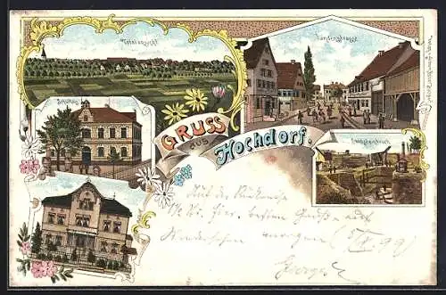 Lithographie Hochdorf / Horb, Schulhaus, Kandenstrasse, Totale