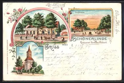 Lithographie Schönerlinde, Restaurant Hermann Wichert, Kirche, Dorfstrasse