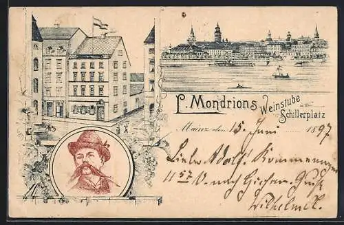 Lithographie Mainz, Gasthaus P. Mondrion`s Weinstube, Schillerplatz, Ortsansicht am Fluss