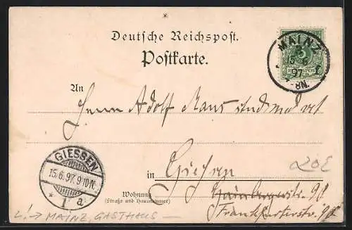 Lithographie Mainz, Gasthaus P. Mondrion`s Weinstube, Schillerplatz, Ortsansicht am Fluss