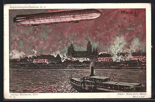 Künstler-AK Mainz, Panorama mit Zeppelin