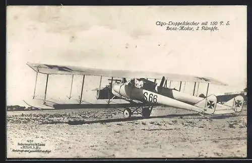 Foto-AK Sanke Nr. 437: Ago Doppeldecker, S 66, mit 150 T. S. Benz Motor, 2 Rümpfe, Flugzeug