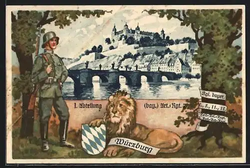 AK Würzburg, I. Abteilung Bay. Artillerie-Regiment 7, Artillerist mit Stahlhelm & Gewehrnebst Löwe vor der Festung