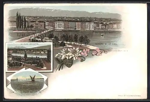 Vorläufer-Lithographie Geneve, 1894, La Place des Alpes, Barque du Lac, Panorama avec le Jura