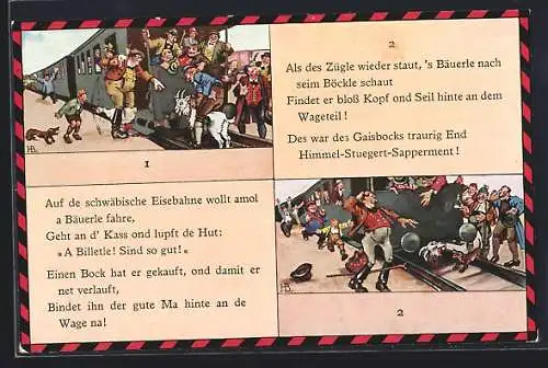 Künstler-AK Hans Boettcher: Schwäbische Eisenbahn, Ziegenbock wird festgebunden