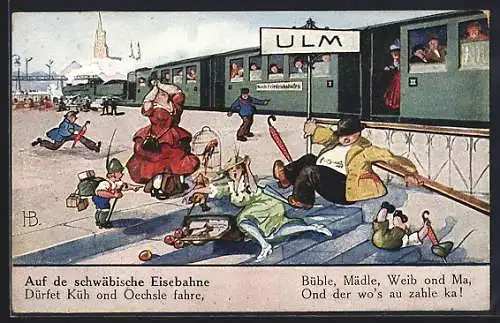 Künstler-AK Hans Boettcher: Ulm, Schwäbische Eisenbahn im Bahnhof, Menschen fallen auf die Nase