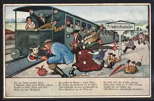 Künstler-AK Hans Boettcher: Serie Nr. 219 Bild 4, Auf de schwäbische Eisenbahne, Am Bahnhof Friedrichshafen, Ziegenkopf